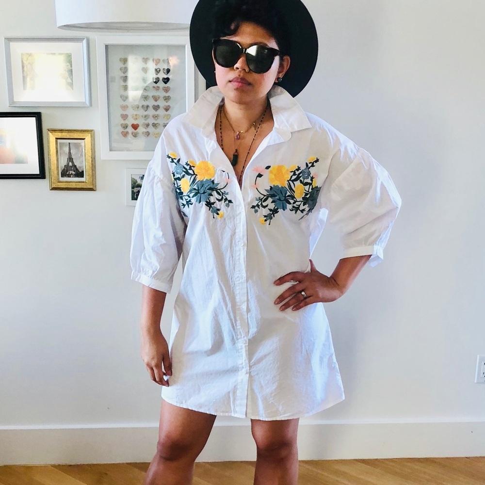 White Button Down Shirt Dress w Floral Embroidery